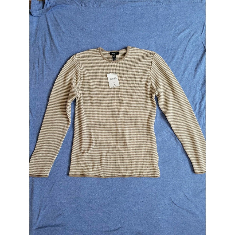 Forever 21 Men Mens Sweater S striped taupe/white Sleeve Crew Neck NWT